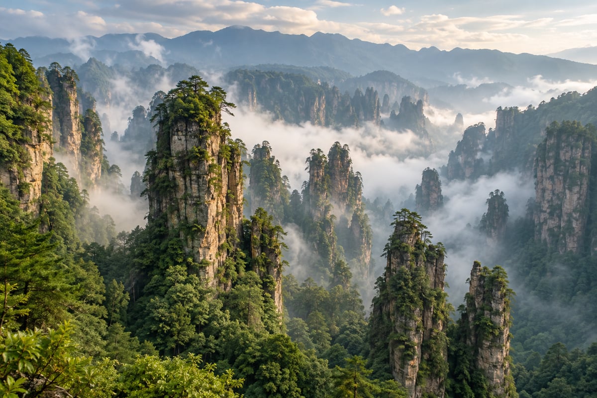 目的地张家界 · 生成主题配图 目的地张家界:薄雾中的砂岩峰林(主题配图)